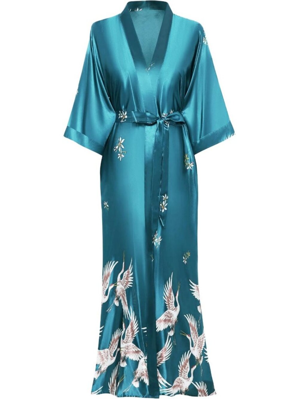 Elegant Crane Print Satin Kimono Robe for Women | Luxurious Sleepwear Nightgown